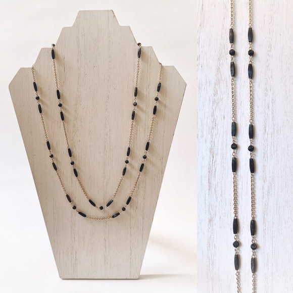 VTG Deco Style Gold Wash Sterling Black Bead Double Strand Necklace - Picture 1 of 15
